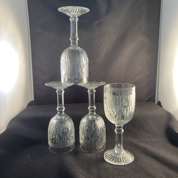 Set of 4 Depression Jeannette Iris & Herringbone Clear 4 1/4" Wine Goblet 4oz - Picture 6 of 6